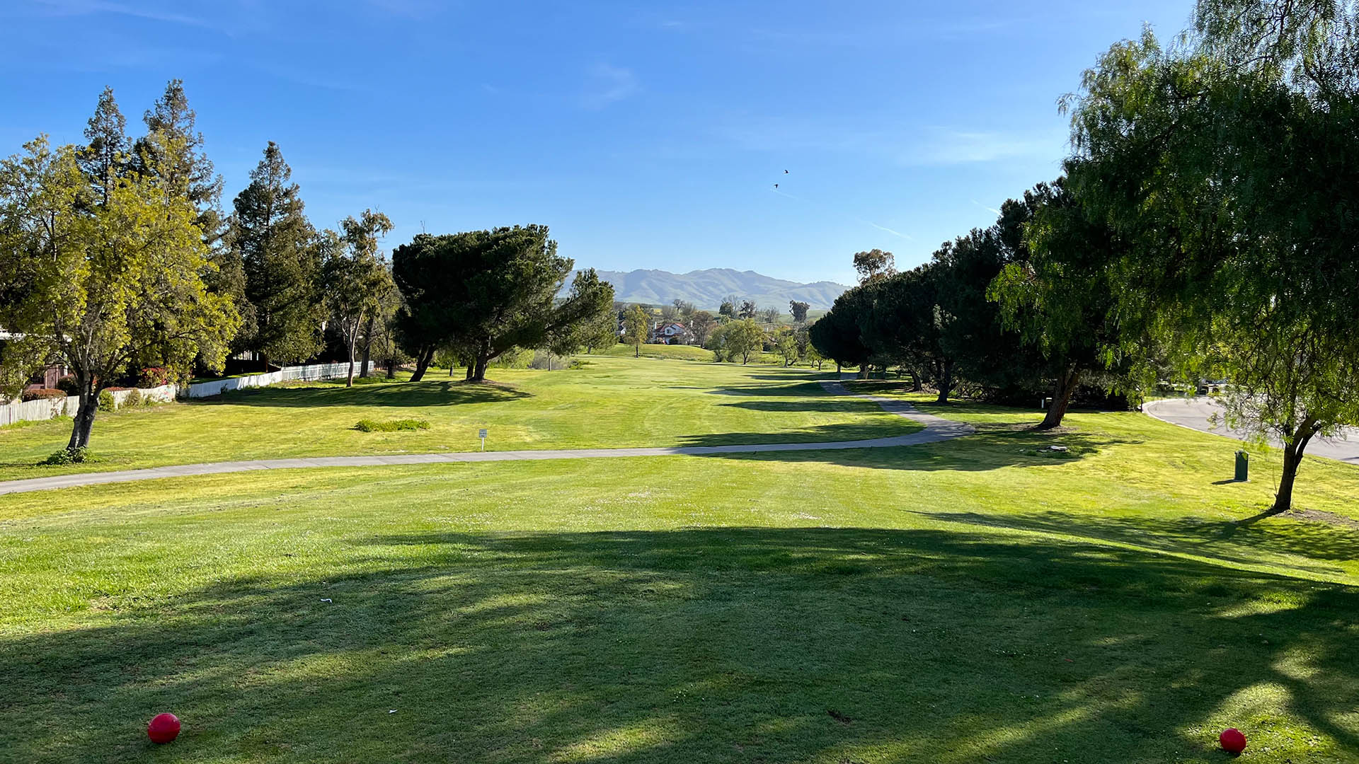 Tree-lined fairway at Ridgemark Golf Club & Resort with mountain views in the distance.